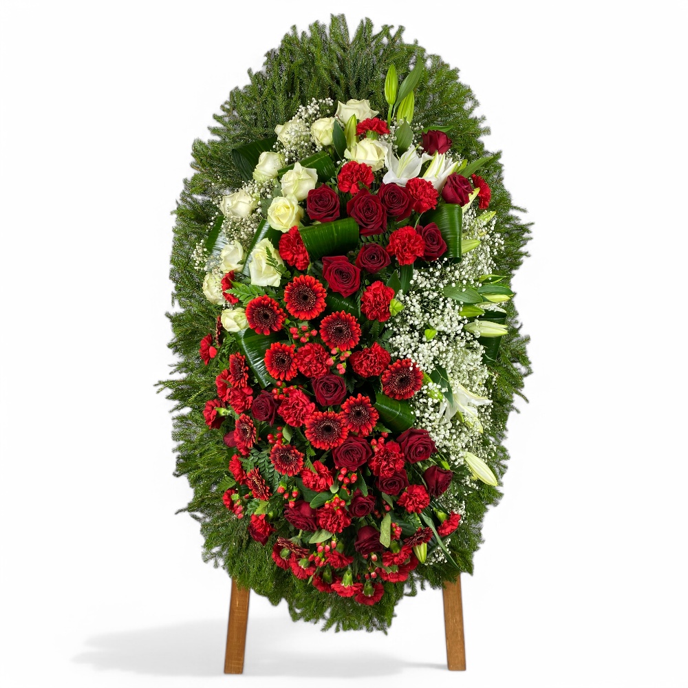 венок из живых цветов, венок на похороны, цветы розы, цветы герберы, цветы лилии, цветы гвоздики, похоронный венок, ритуальные товары