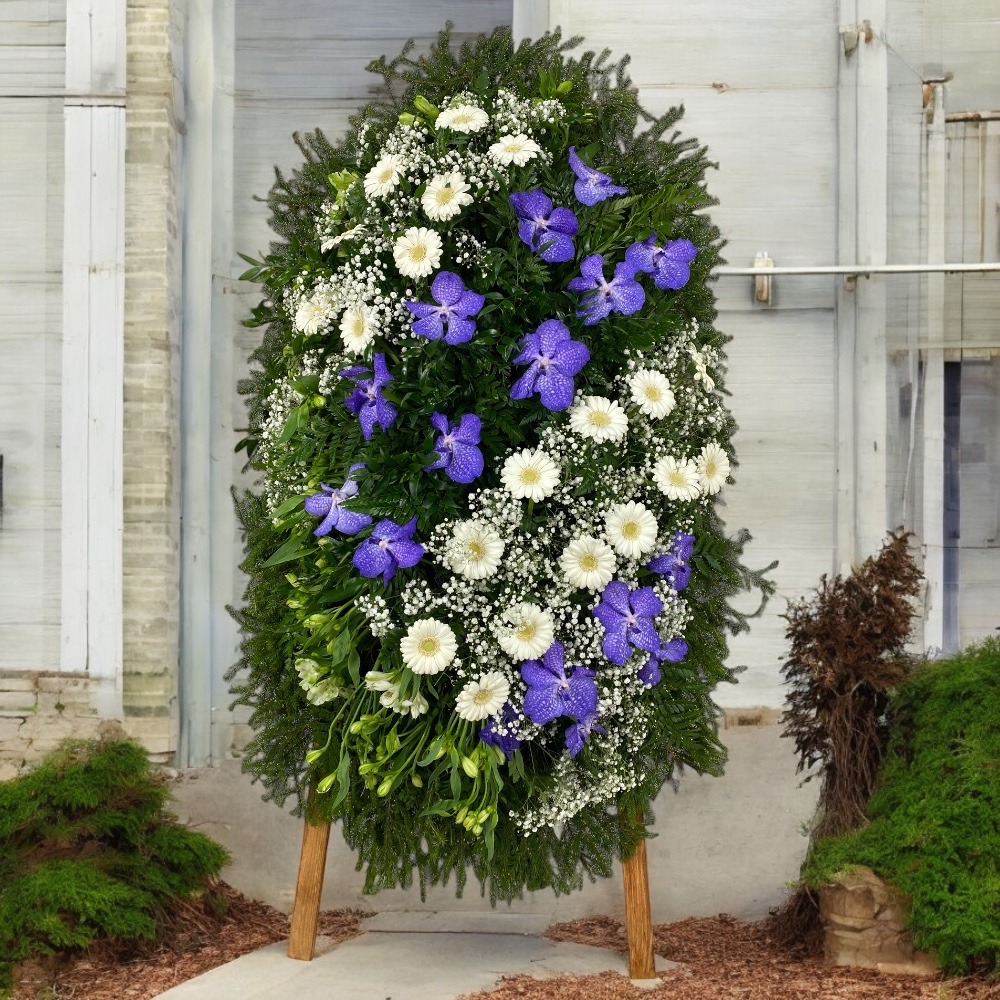венок на похороны, венок из живых цветов, траурный венок, орхидея, гербера, гипсофила, цветы на похороны, ритуальные цветы, артикул ВЖ-018.