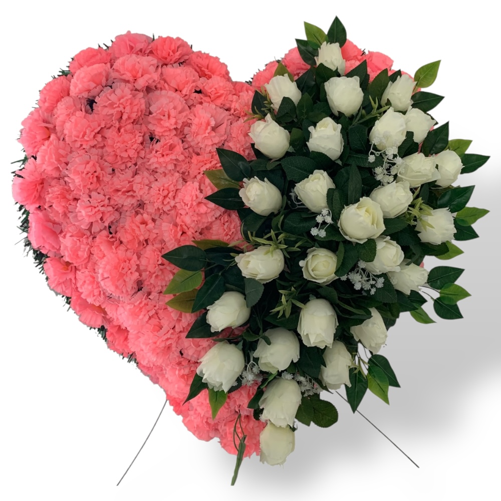 Ритуальный венок, венок евро, искусственные цветы, форма сердца, мемориальные украшения, траурные атрибуты, похоронные принадлежности, ритуальная атрибутика.