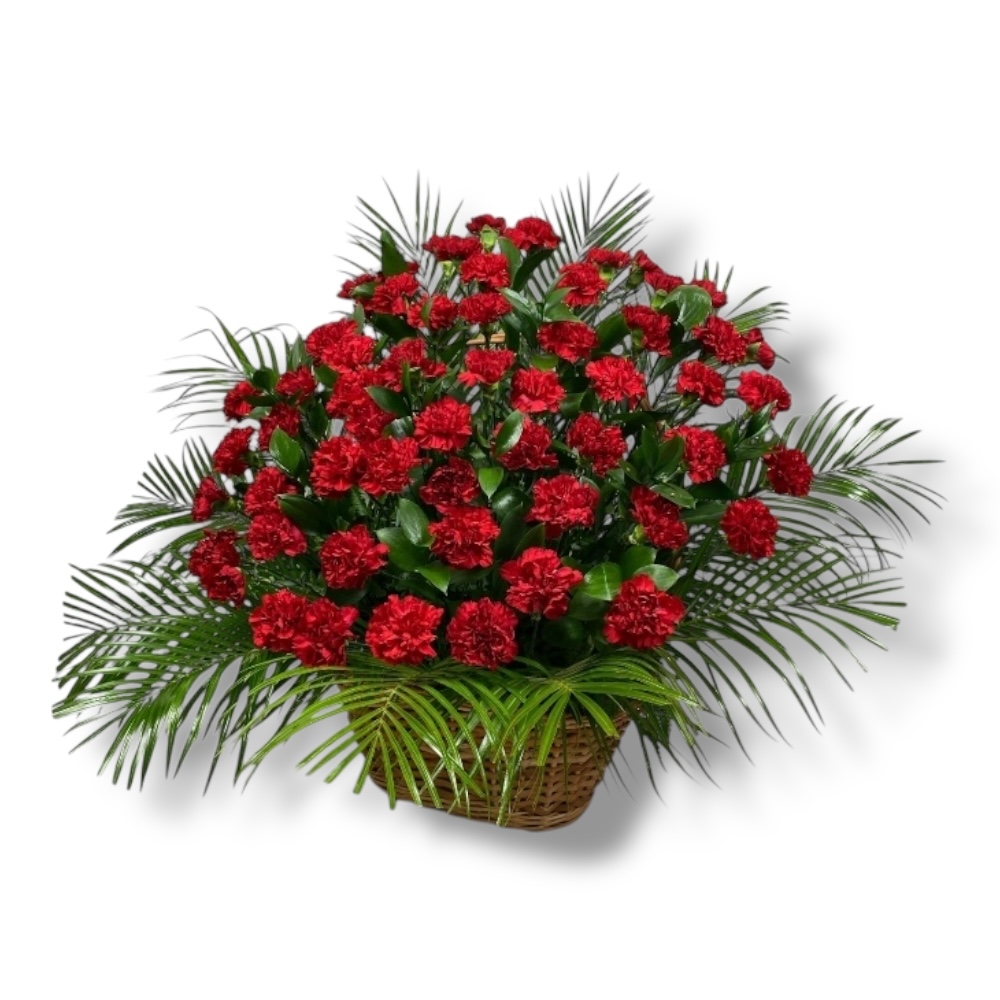 Траурная корзина из красной гвоздики односторонняя на похороны