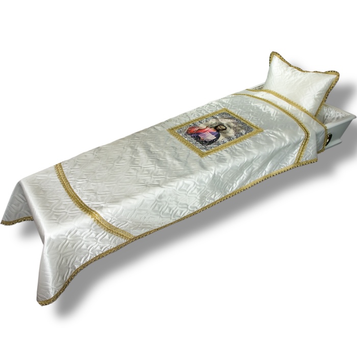 АРТ КР-008 Спаситель. Комплект в гроб ритуальный. Покрывало+наволочка. Атлас+термостежка. Белый