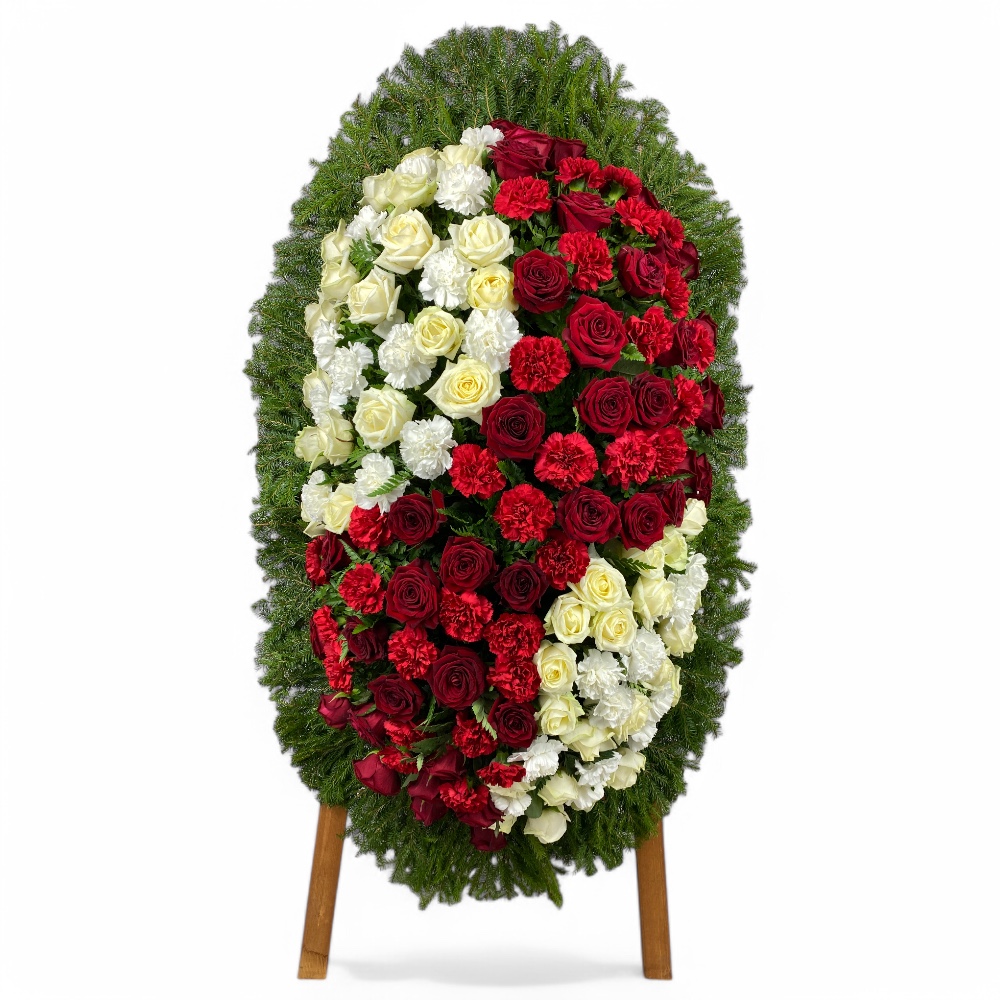 венок из живых цветов, венок на похороны, белые и красные цветы, гвоздики и розы, траурный венок, ритуальные цветы, артикул ВЖ-007