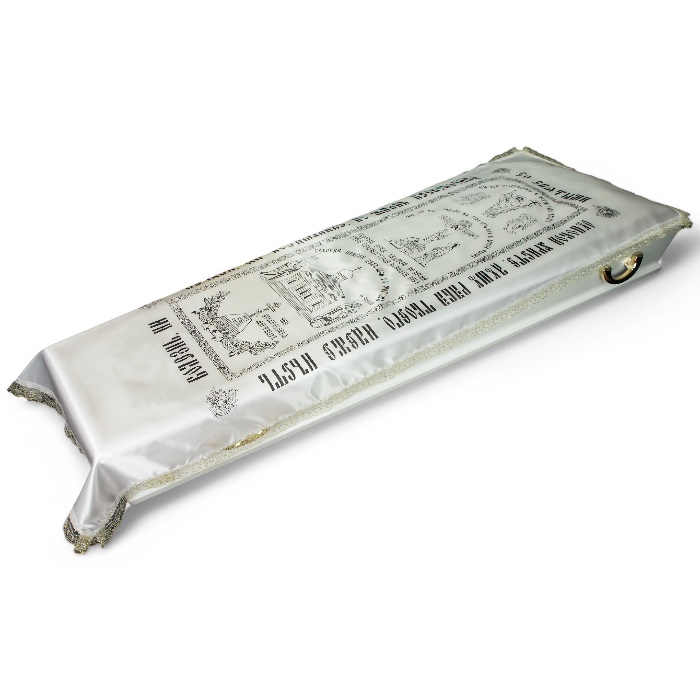 Покрывало ритуальное АРТ. ПР-010 – черно-белый атлас с золотым кружевом.