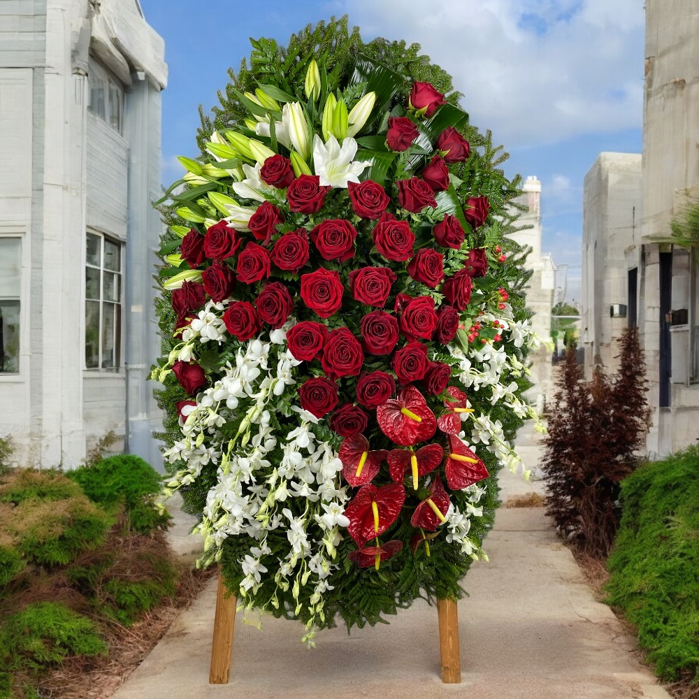 венок на похороны, венок из живых цветов, антуриум, розы, лилии, орхидеи, траурный венок, цветы на похороны, ритуальные цветы, венок артикул ВЖ-013.