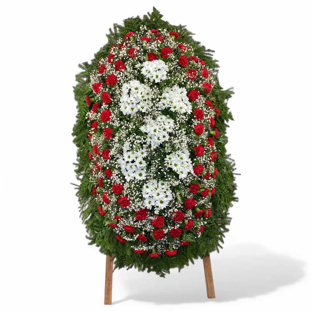 Арт. ВЖ-016 Венок из живых цветов на похороны / Хризантема, гвоздика, гипсофила 110 см.