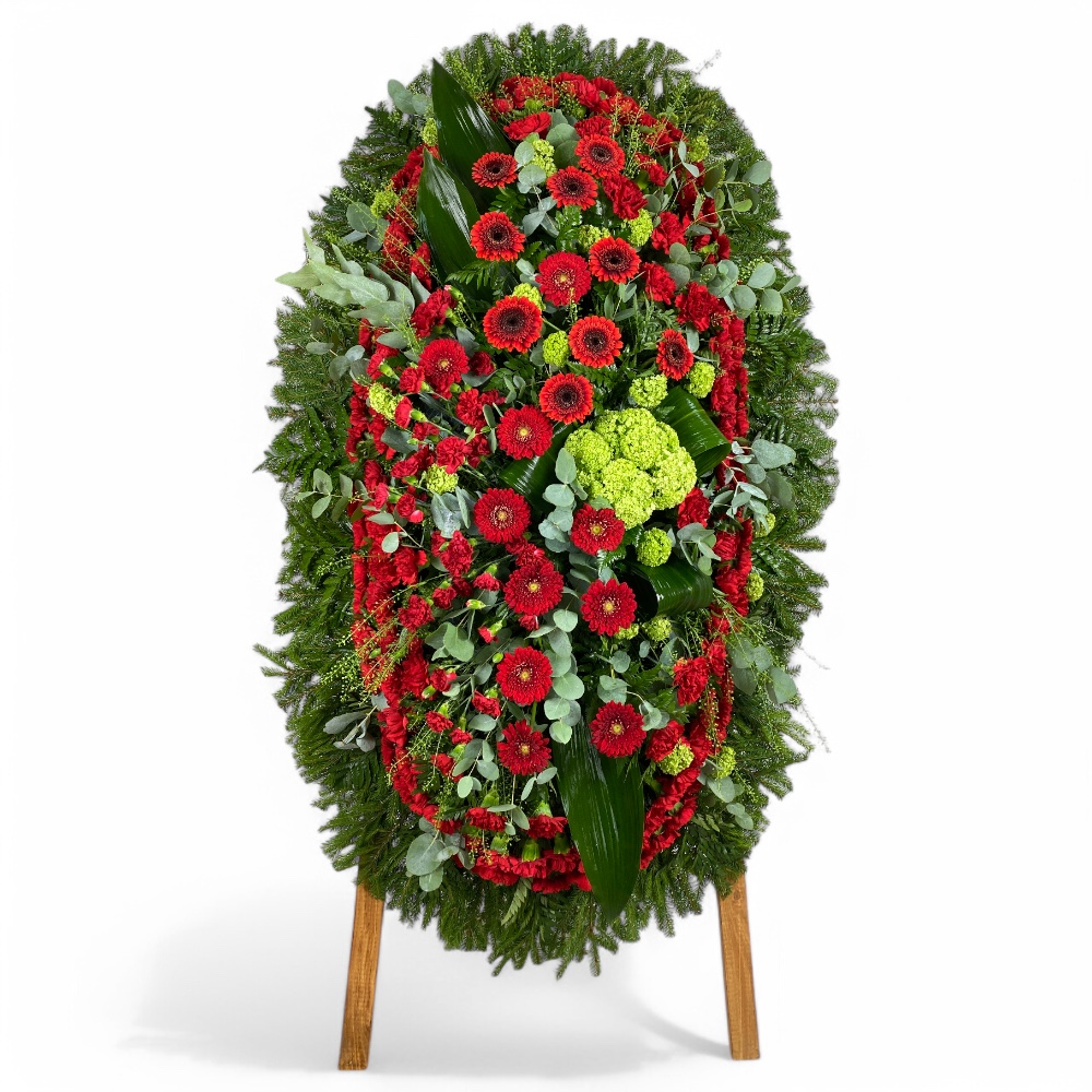 венок на похороны, живые цветы, гербера, гвоздика, зелень, эвкалипт, траурный венок, ритуальные цветы.
