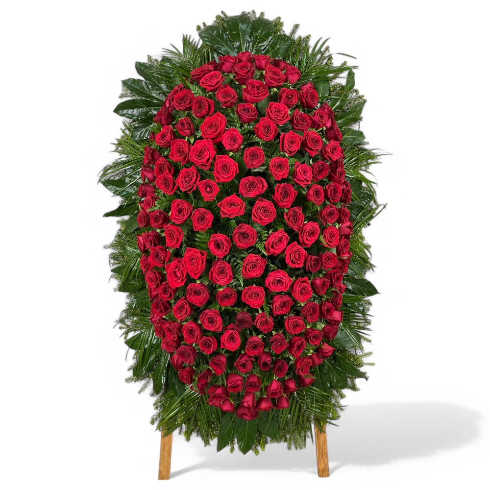 Арт. ВЖ-005 Венок из живых цветов VIP / Красные розы RED NAOMI/ Траурный венок на похороны или возложение  110 см.