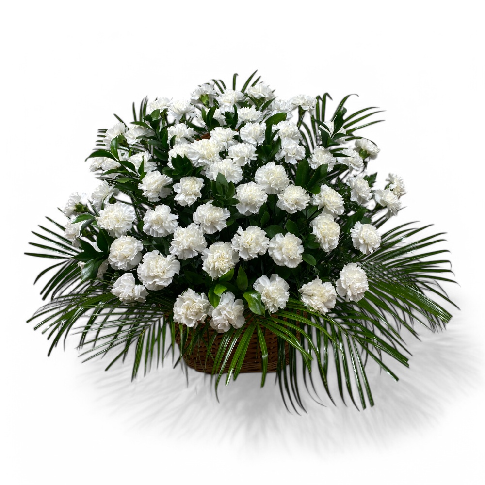 траурная корзина, белая гвоздика, цветы на похороны, возложение цветов, траурные букеты, цветы на могилу