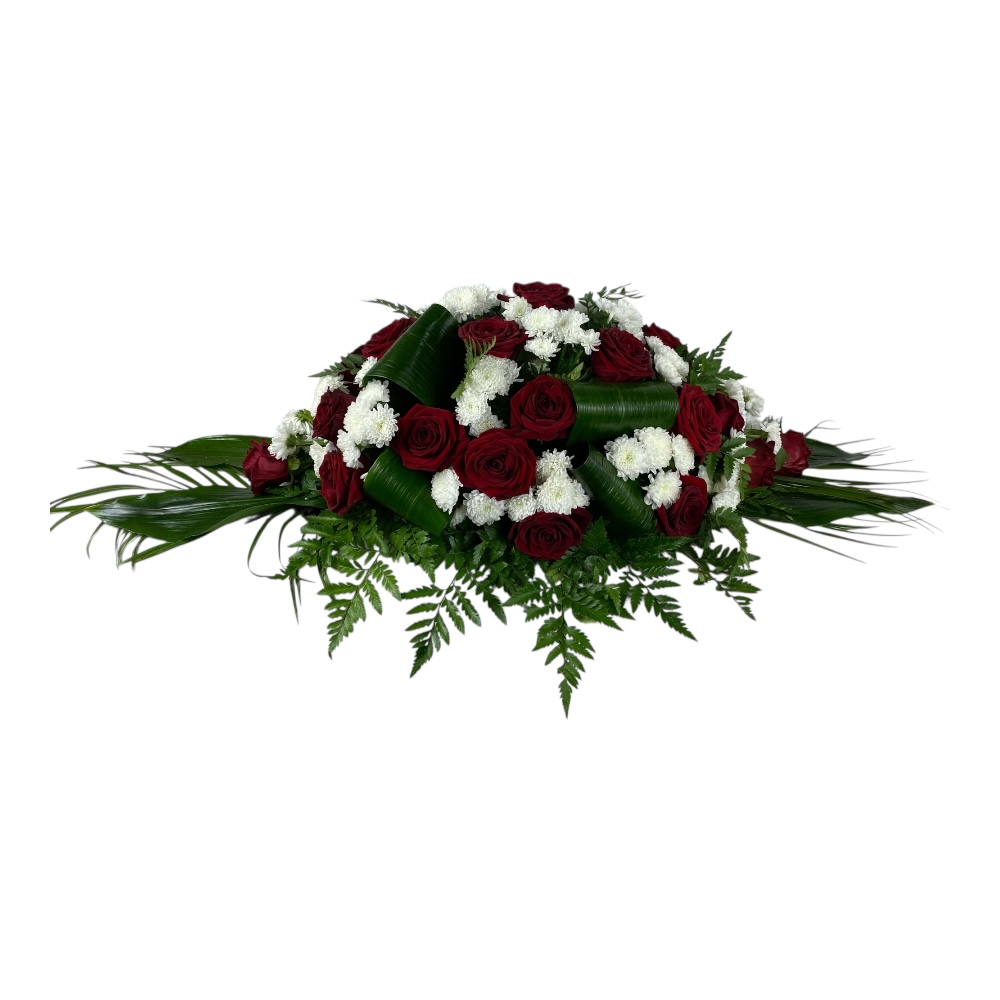 Траурная композиция, живые цветы на гроб, розы, хризантемы, траурный букет, ритуальные цветы, флористика для прощания, траурные украшения, ТК-016.