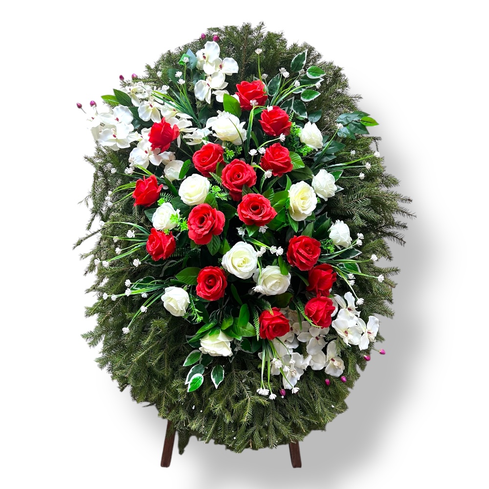 Арт. ВК-007 Венок на подставке с живой хвоей и искусственными цветами на похороны 120 см.