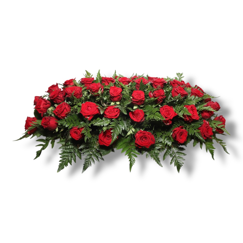 Траурная композиция, живые цветы, розы, папоротник, на гроб, ритуальные цветы, траурные букеты, флористика, ТК-022.