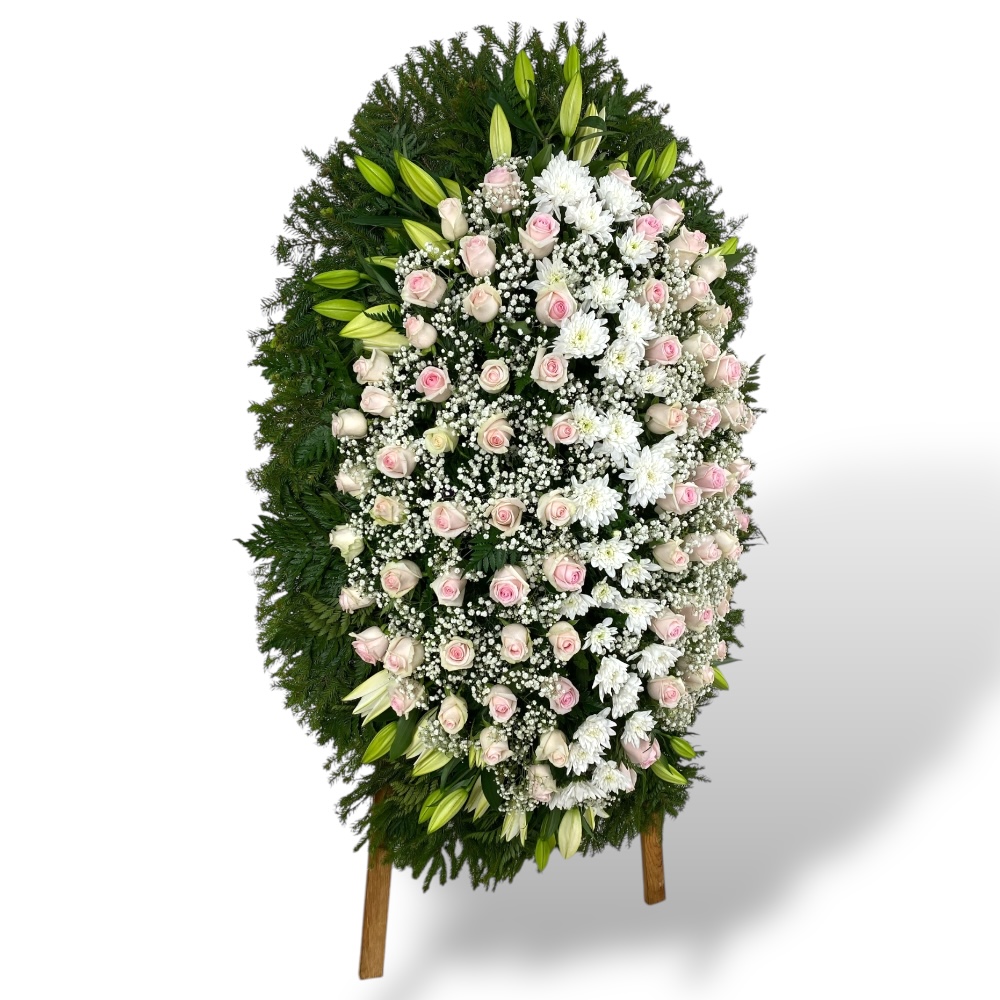 венок на похороны, венок из живых цветов, розовые розы, хризантемы, лилии, траурный венок, цветы на похороны.