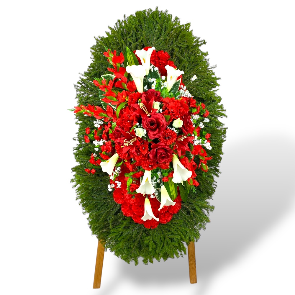 венок на похороны, венок с хвоей, венок с живыми цветами, похоронный венок, артикул ВК-002, венок на подставке, ритуальный венок, венок с искусственными цветами.