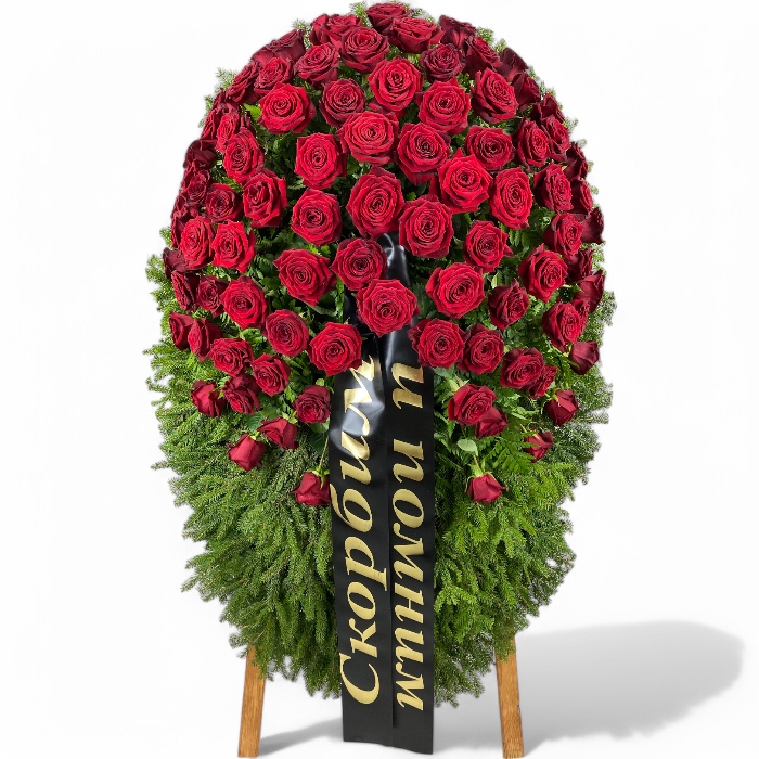 Арт. ВЖ-001 Венок из живых цветов/ красные Розы "RED NAOMI"/ на похороны/ траурный 110 см.