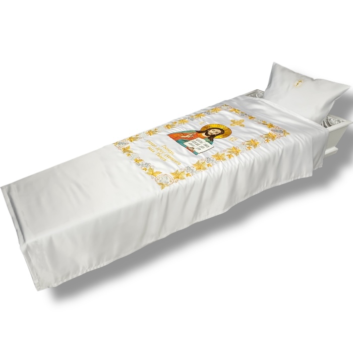 АРТ П-15 Икона Спас Вседержитель. Комплект в гроб. Покрывало+наволочка. Парча. 400 Белый