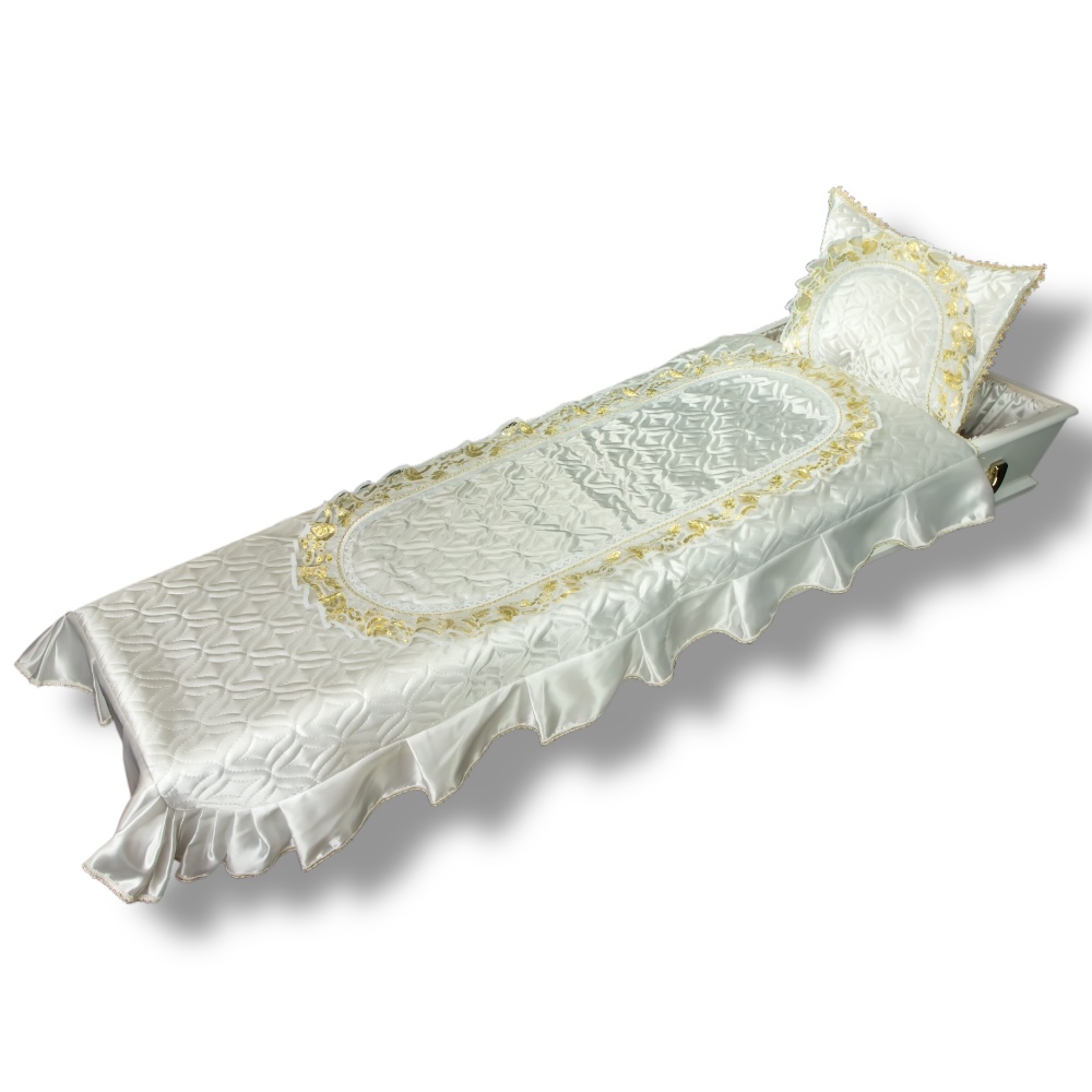 комплект в гроб, подушка+покрывало, атлас+термостежка+кружево, ритуальные товары, похоронные принадлежности, комплект для погребения, элитное оформление гроба, текстильные изделия для обряда.