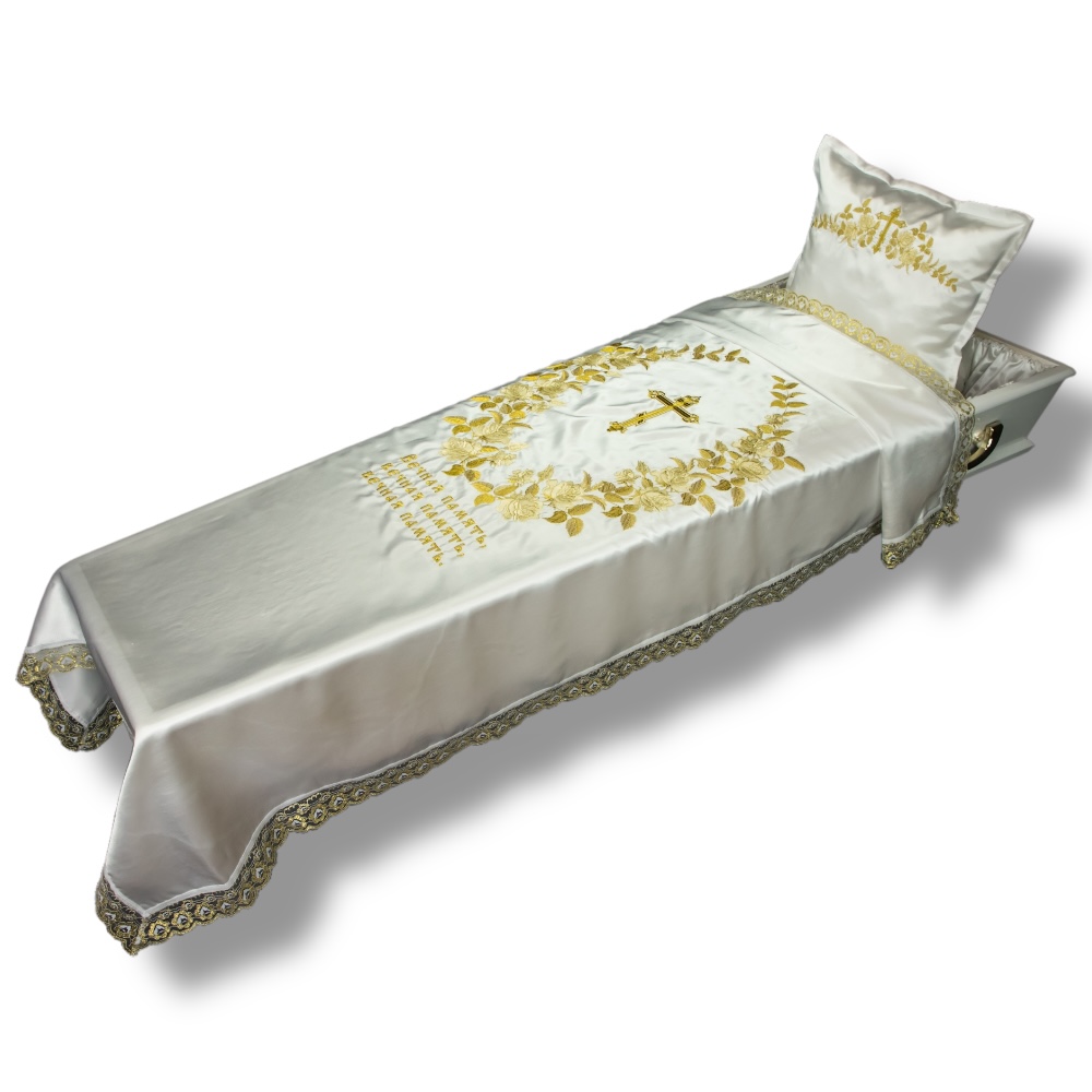 венок роз, венок с крестом, комплект в гроб, покрывало и подушка, парча, ритуальные товары, похоронные аксессуары, декор для похорон.