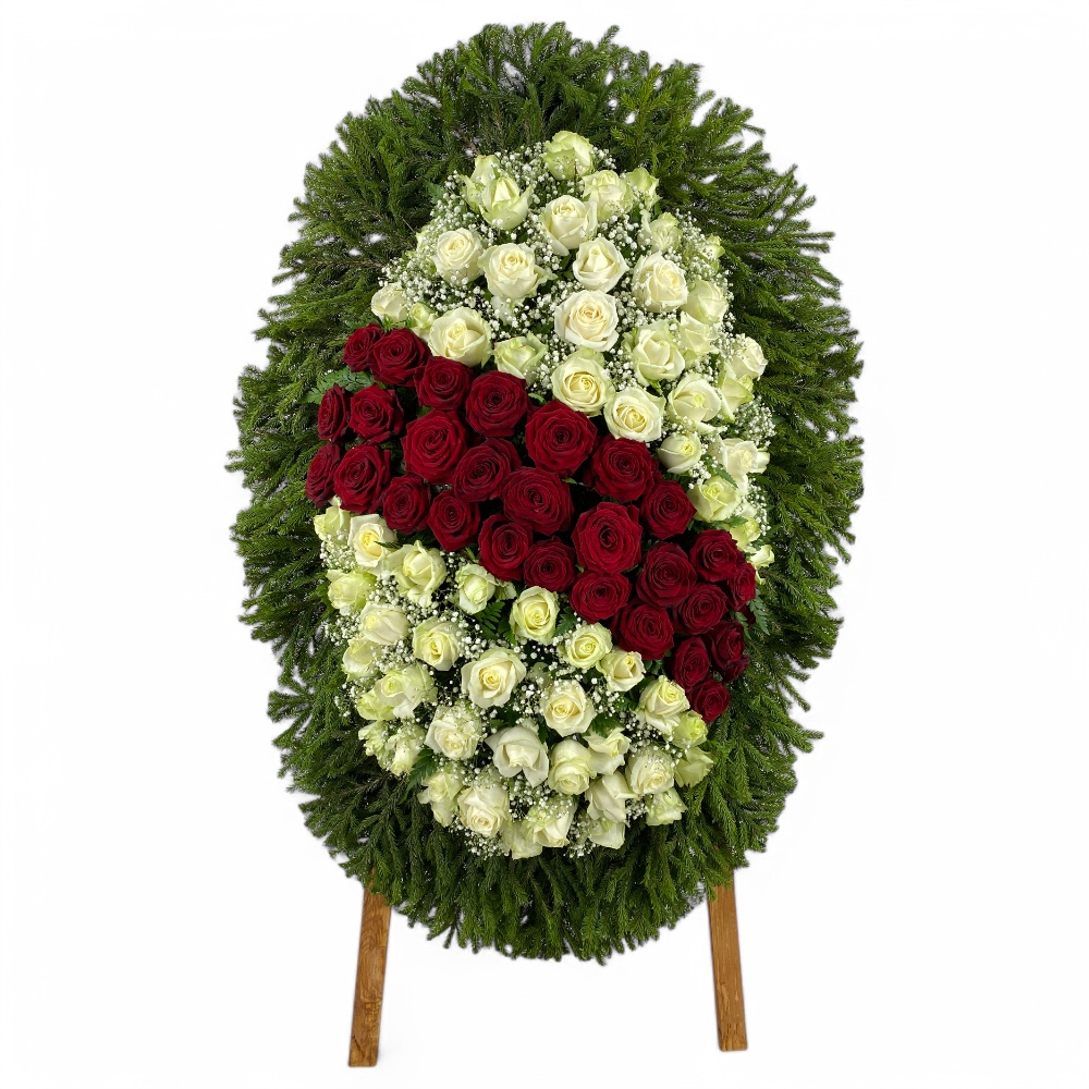 венок из живых цветов, венок на похороны, розы, гипсофила, траурный венок, цветы на похороны