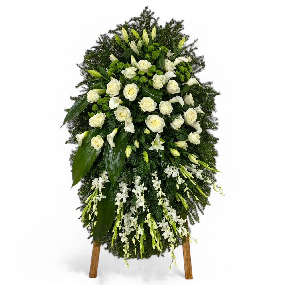 венок на похороны, венок из живых цветов, траурный венок, цветы на похороны, орхидеи, лилии, калы, хризантемы, розы.