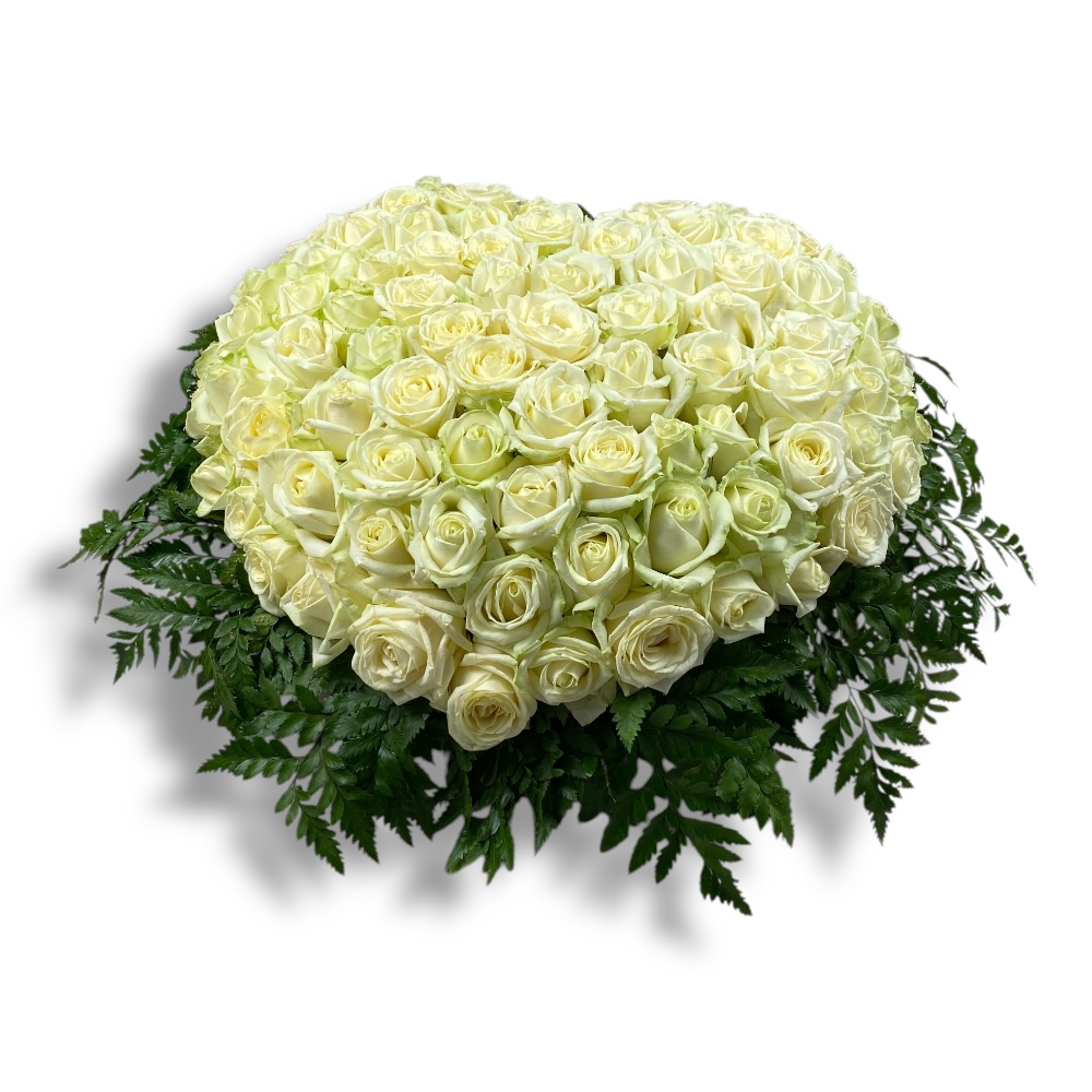 Траурная корзина Сердце из роз на похороны 100 шт. Белая