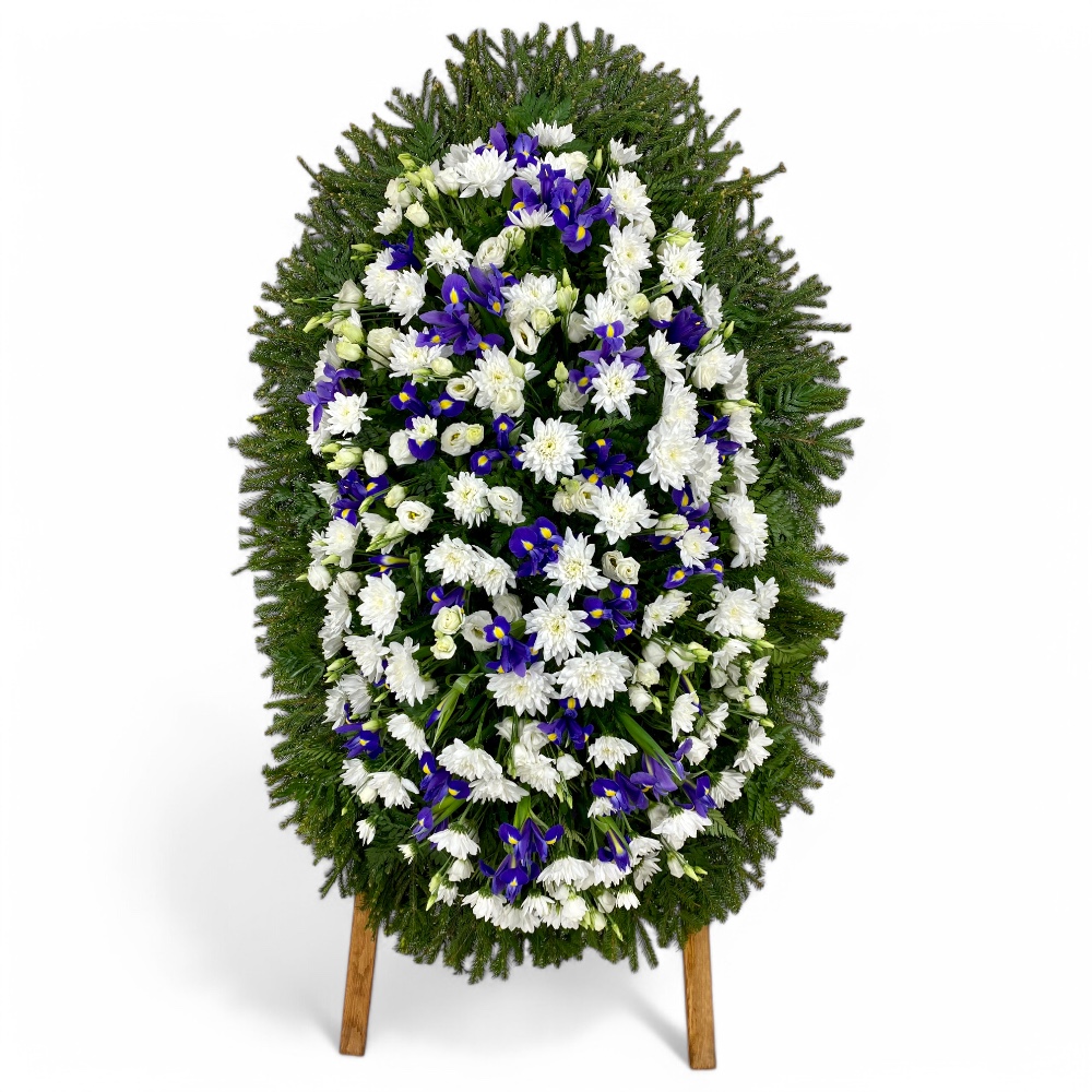 венок на похороны, венок из живых цветов, хризантемы, ирисы, лизиантус, траурный венок, ритуальные цветы, венок артикул ВЖ-026