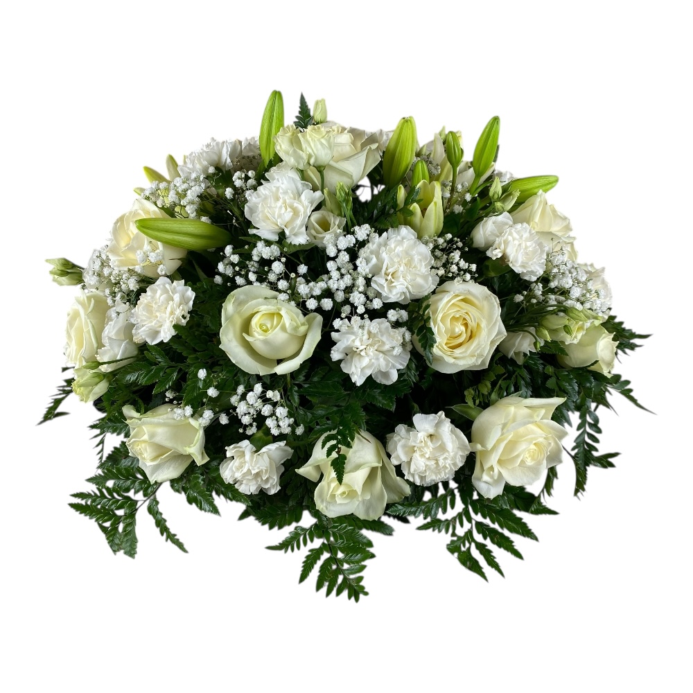 Траурная композиция, живые цветы на гроб, розы, гипсофила, гвоздика, лилии, ритуальные цветы, траурные букеты, цветы для прощания.