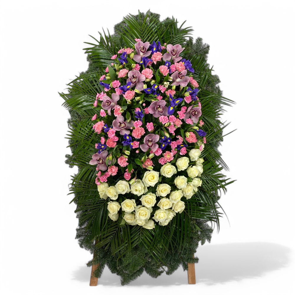 венок на похороны, венок из живых цветов, розы, ирисы, гвоздики, орхидеи, альстромерия, траурный венок, цветы на похороны
