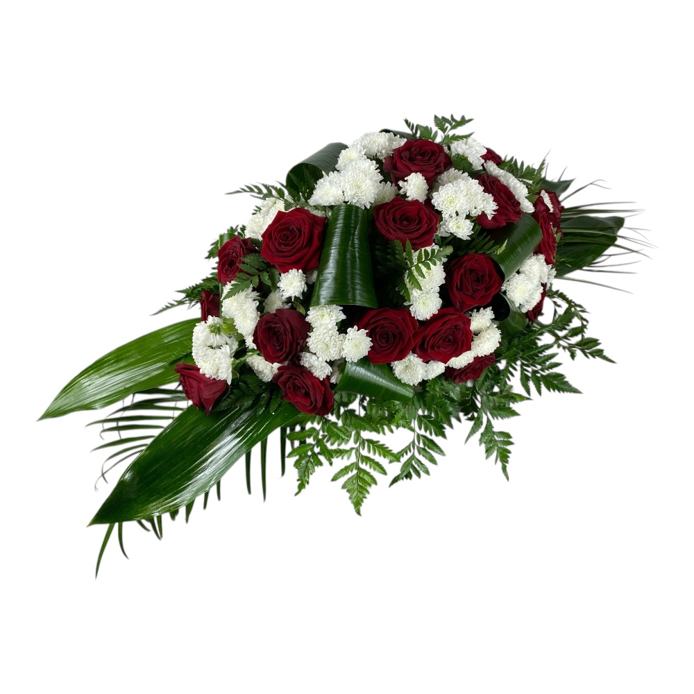 Арт. ТК-016 Траурная композиция из живых цветов на гроб: Розы, хризантемы, зелень 100 см.