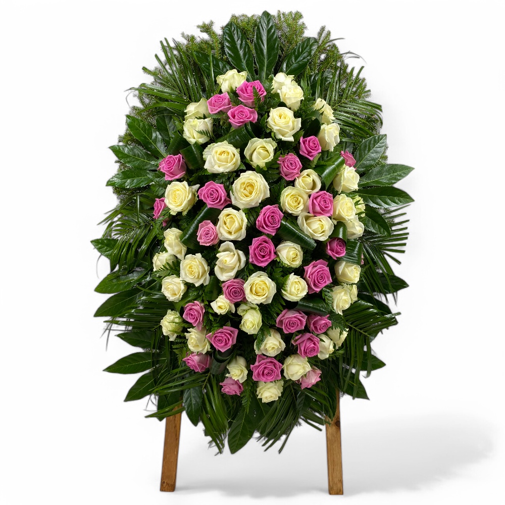 венок из живых цветов, венок на похороны, белые розы, розовые розы, ритуальные цветы, траурные цветы, артикул ВЖ-018.