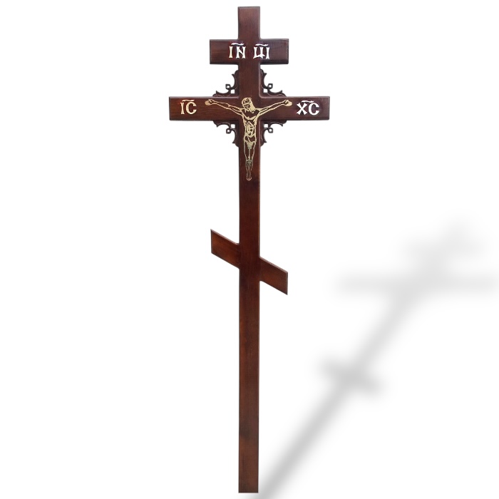 Крест на могилу, сосновый крест, артикул КДС-03, угловой узор, ритуальные изделия, деревянный крест, православный крест, мемориальный крест.