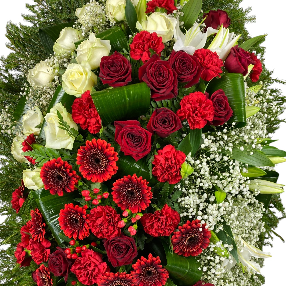 венок из живых цветов, венок на похороны, цветы розы, цветы герберы, цветы лилии, цветы гвоздики, похоронный венок, ритуальные товары