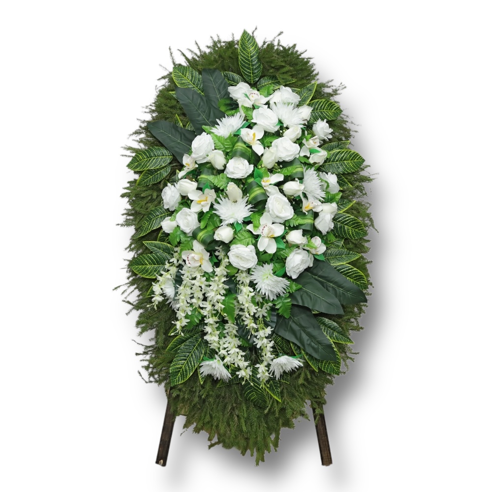 Арт. ВК-013 Венок на подставке с живой хвоей и искусственными цветами на похороны 120 см.