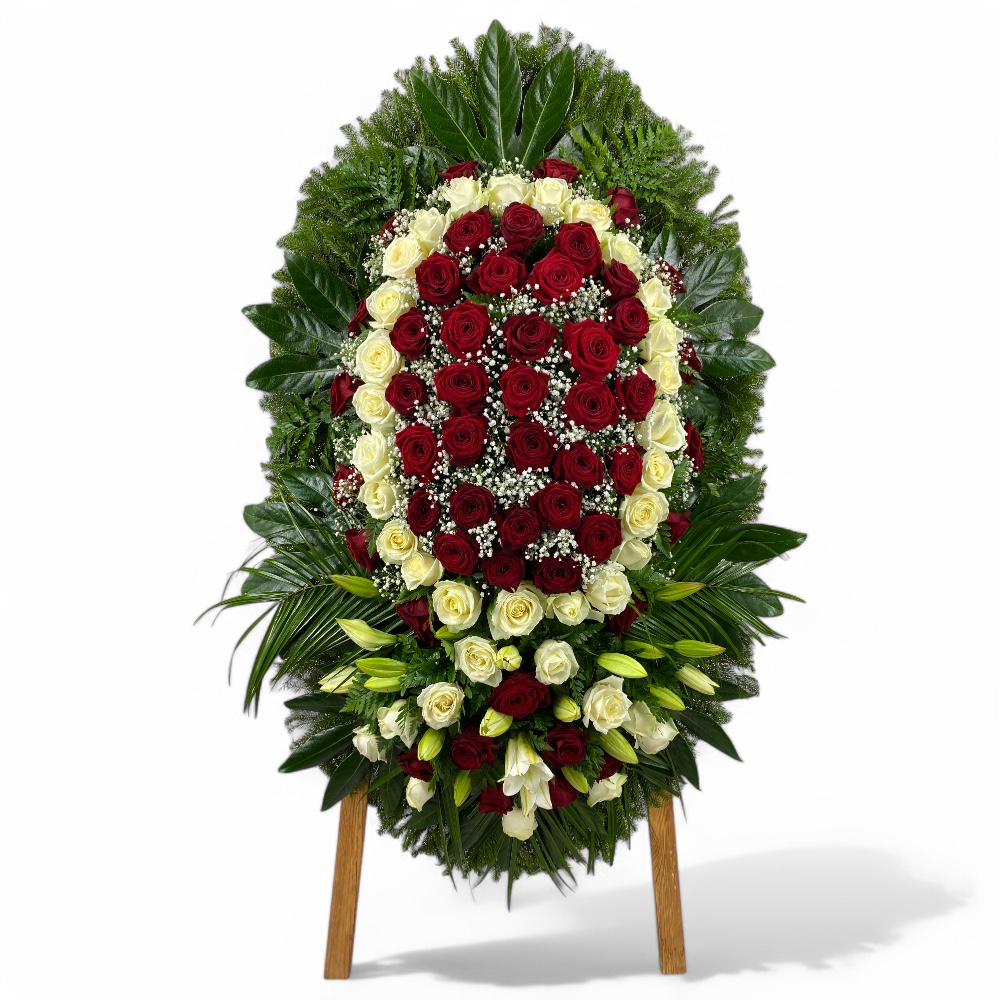 Арт. ВЖ-017 Венок из живых цветов на похороны / Розы RED NAOMI, лилии, гипсофила 110 см.