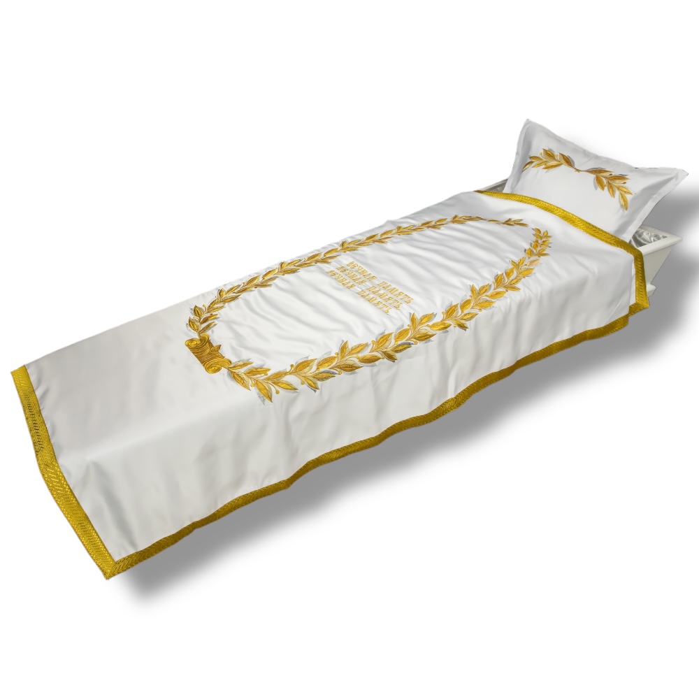 АРТ ПБ-6 Лавровый венок. Ритуальный комплект в гроб. Покрывало+наволочка. Парча. Золото