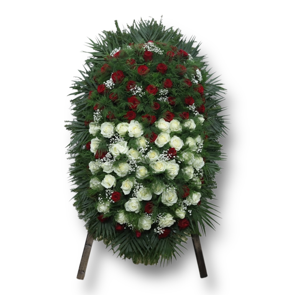 Арт. ВЖ-066 Венок из живых цветов на похороны: Розы, зелень, гипсофилы 120 см.