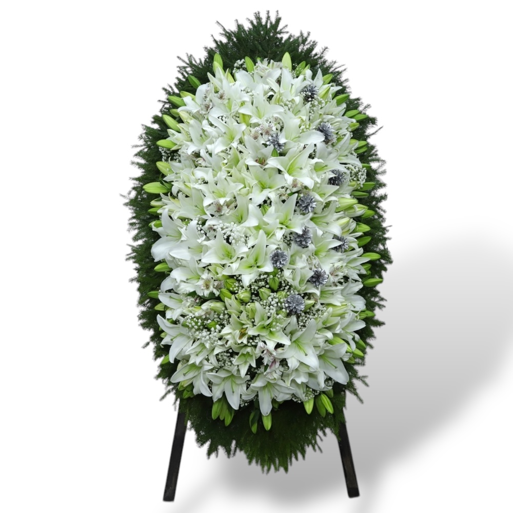 венок из живых цветов, венок из лилий, похоронный венок, белоснежные цветы, ритуальные цветы, артикул ВЖ-041, венок на похороны.