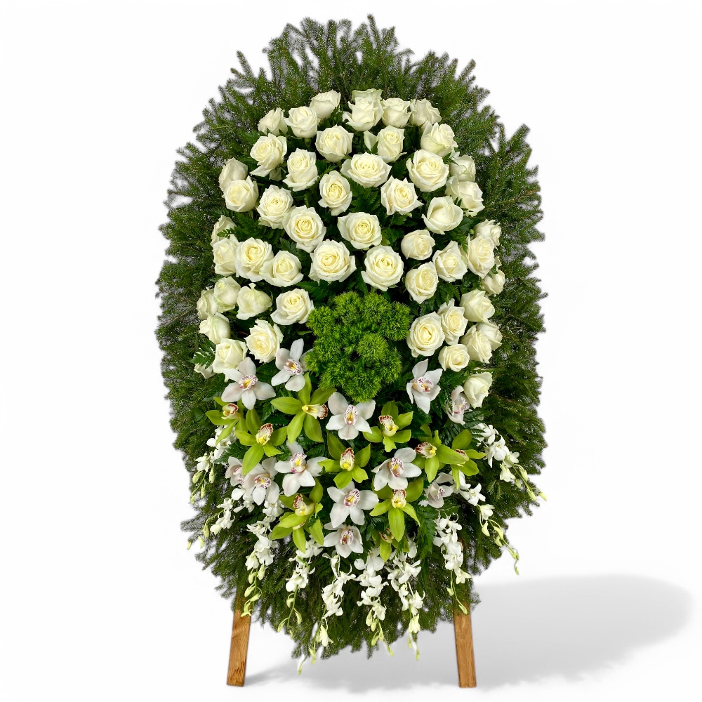 венок из живых цветов, венок на похороны, белые розы, орхидеи, траурный венок, цветы на похороны, ритуальные цветы, венок артикул ВЖ-031