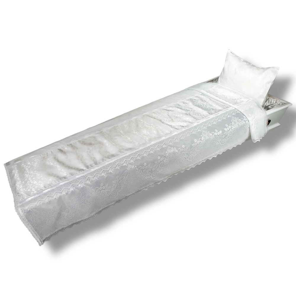 ритуальные товары, комплект в гроб, покрывало и наволочка, атлас, жатка, кружево, ритуальная атрибутика, похоронные принадлежности, ритуальное белье.