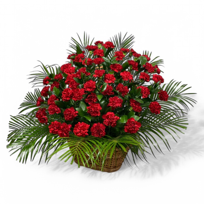 Траурная корзина из красной гвоздики односторонняя на похороны