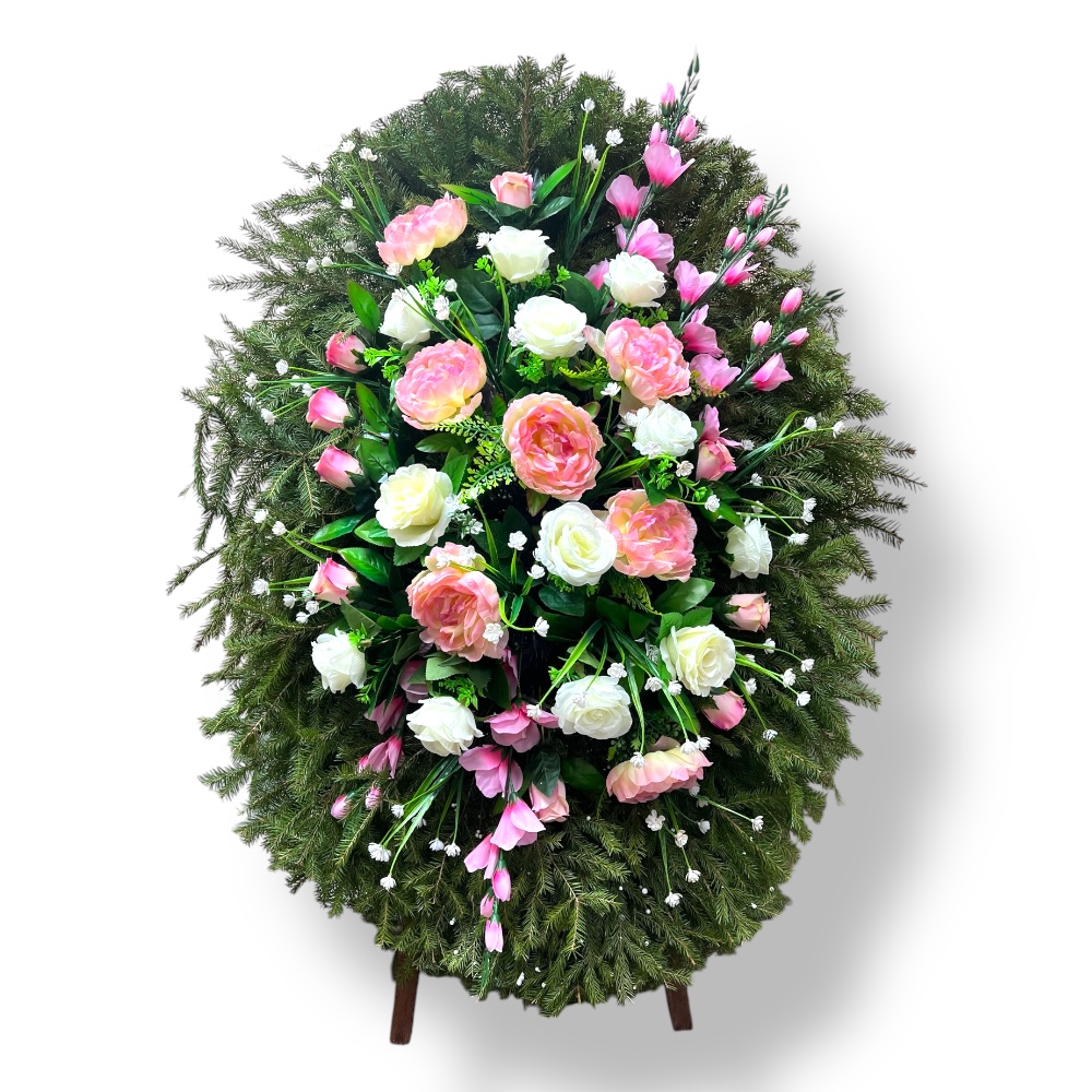 венок на похороны, венок с хвоей, венок с живыми цветами, похоронный венок, артикул ВК-006, венок на подставке, ритуальный венок, венок с искусственными цветами.