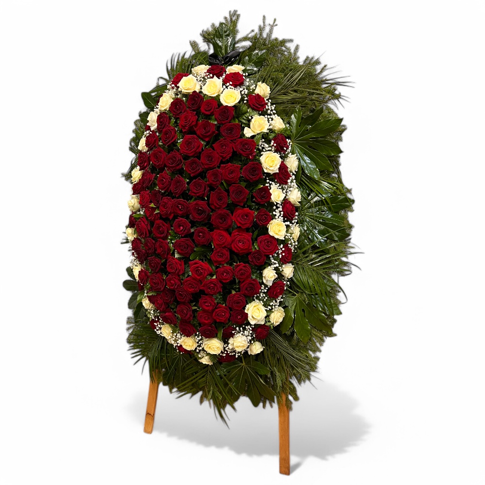 Траурный венок, живые цветы, красные и белые розы, похоронный венок, венок на похороны, артикул ВЖ-002.