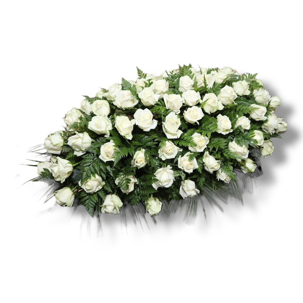 Арт. ТК-023 Траурная композиция из живых цветов на гроб: Розы 100 см.