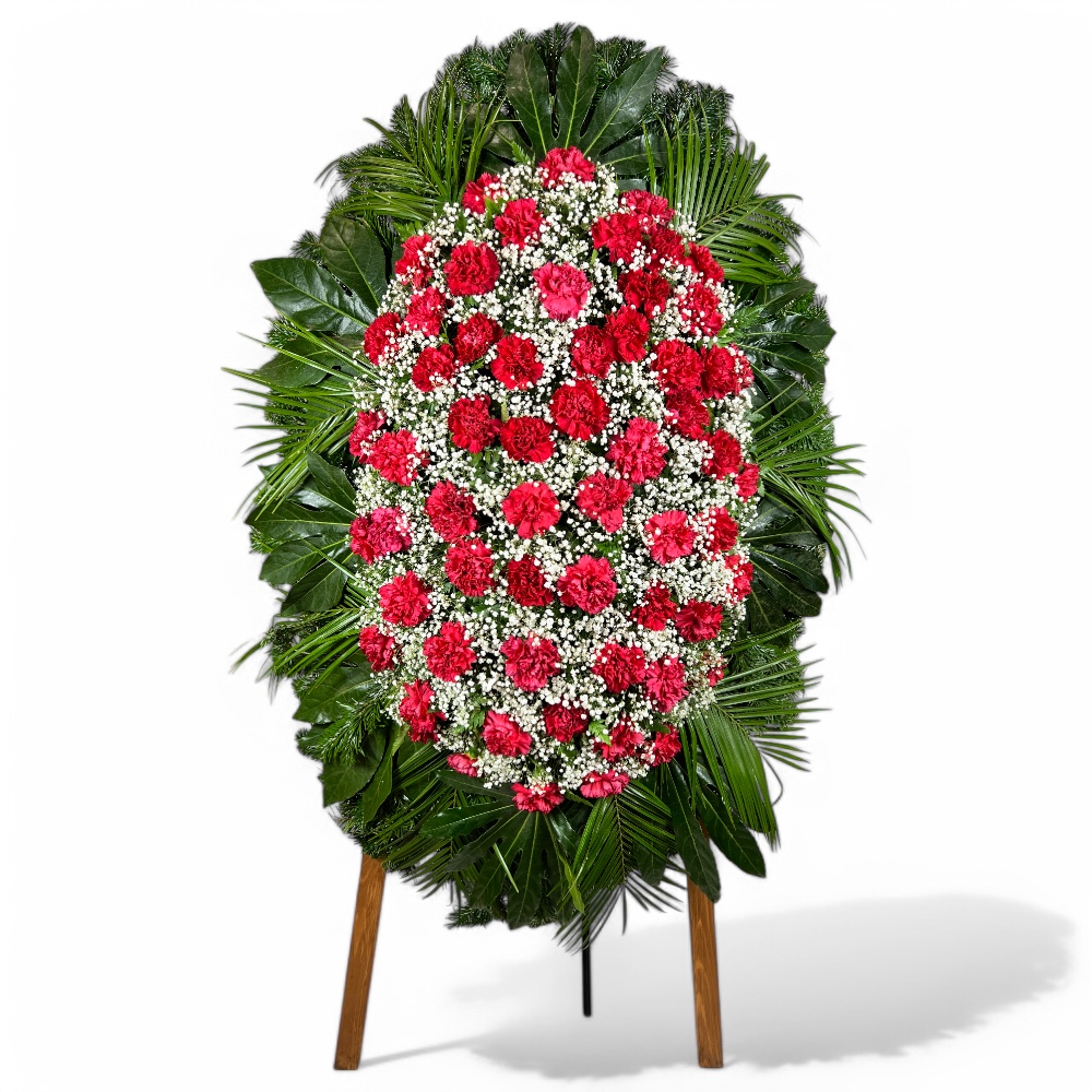 Арт. ВЖ-045 Венок из живых цветов на похороны: гвоздика, гипсофила 120 см.