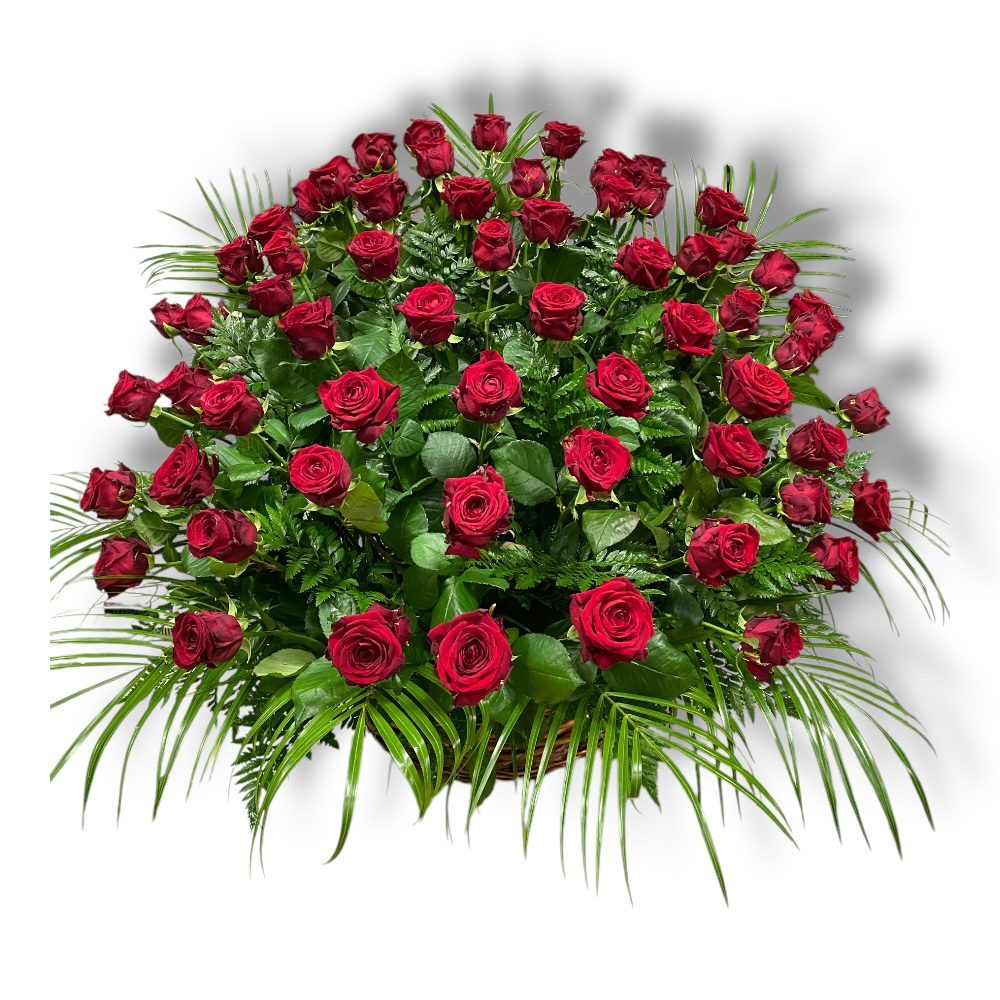 траурная корзина, красные розы, цветы на похороны, траурные букеты, похоронный венок, ритуальные цветы, букет из красных роз