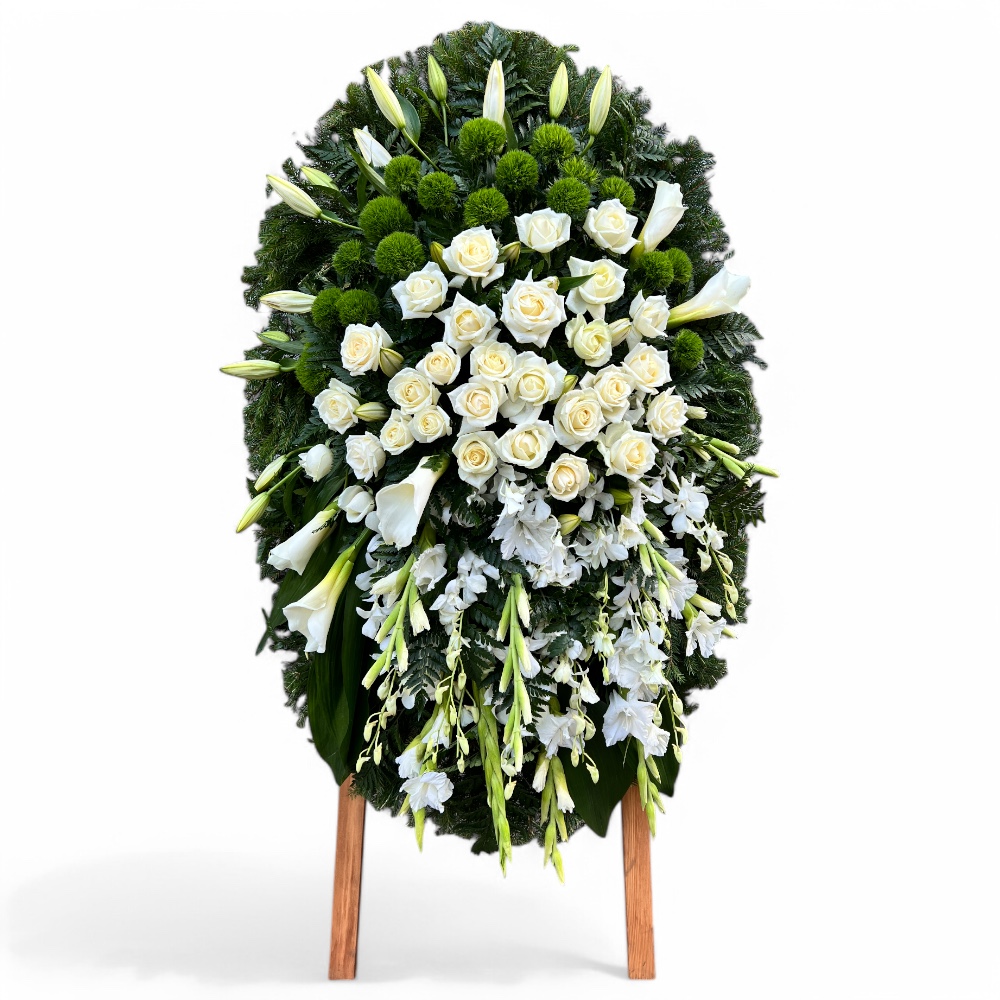 Арт. ВЖ-048 Венок из живых цветов на похороны: Белые розы, лилии, орхидеи, каллы, хризантемы, гладиолусы 120 см.