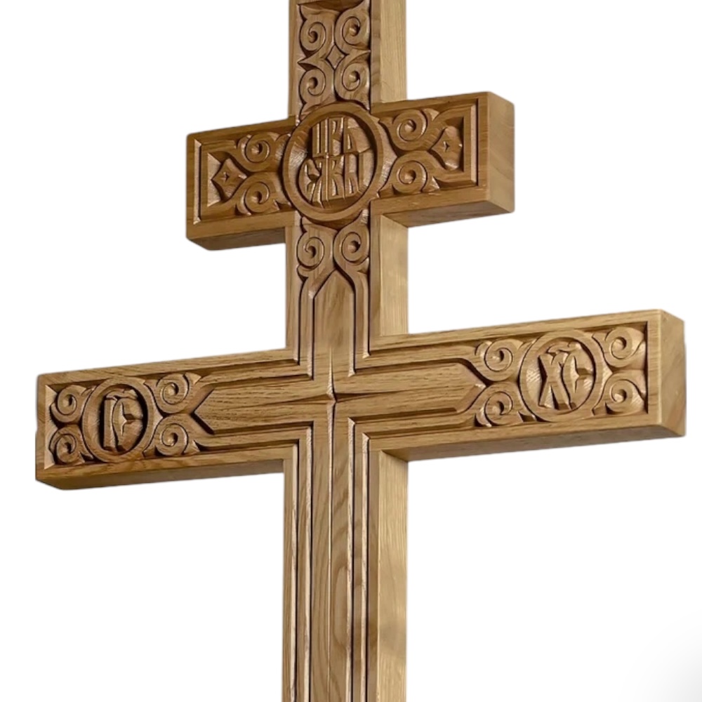 крест дубовый, крест резной, крест на могилу, узорный крест, ритуальные изделия, деревянные кресты, мемориальный крест, артикул КС-100