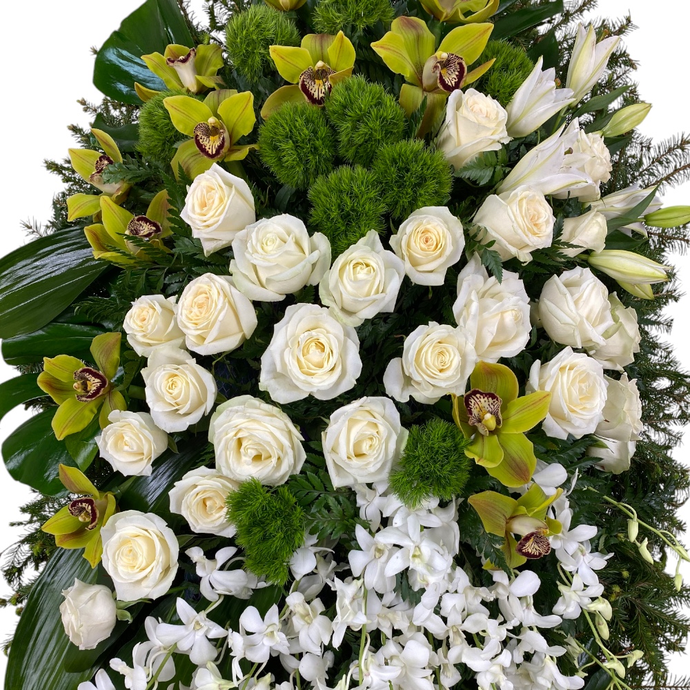 траурный венок, живые цветы, орхидеи, розы, лилии, похоронный венок, венок на похороны, артикул ВЖ-004.