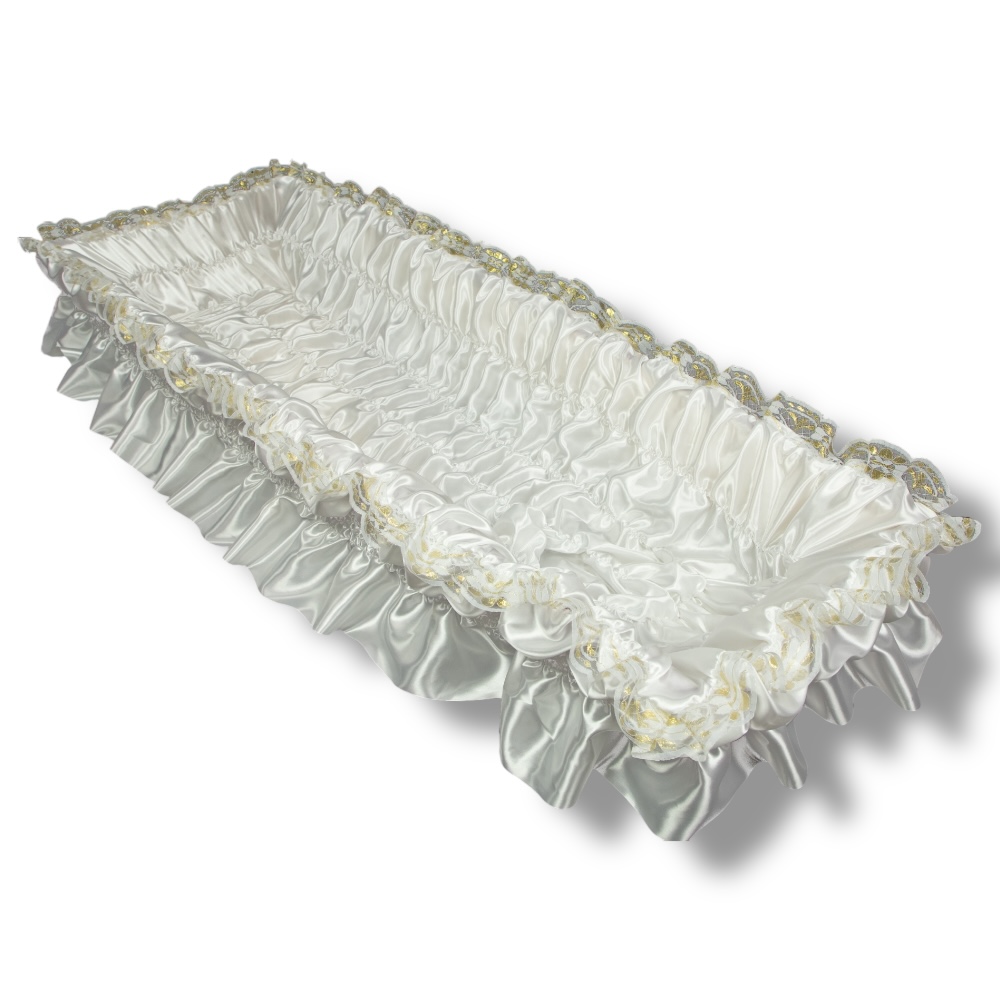 ПС-008 Постель ритуальное в гроб атлас с откидным воланом+кружево 