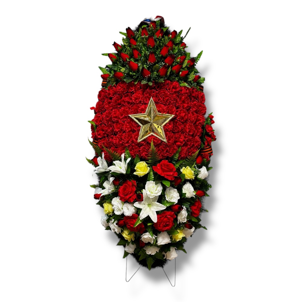 Ритуальный венок, венок для возложения, искусственные цветы, похоронный венок, ритуальные товары, траурные аксессуары, мемориальный атрибут, венки на похороны.