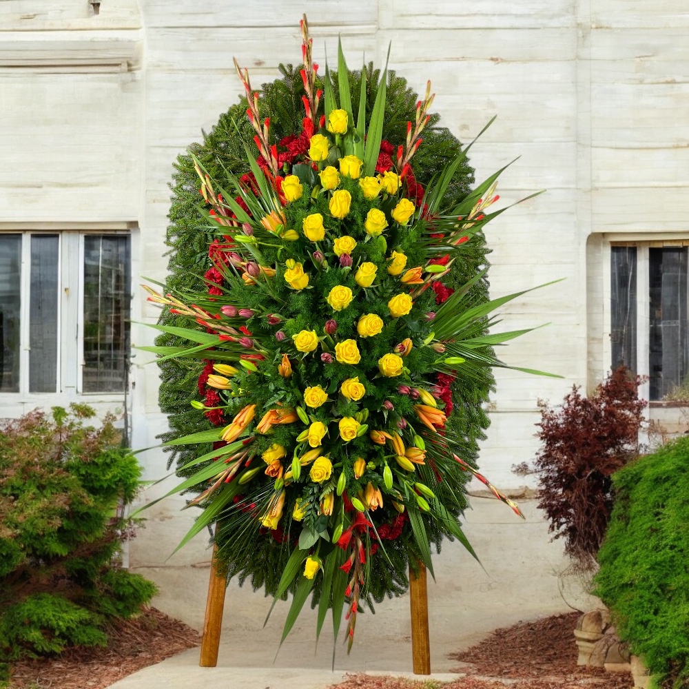 венок на похороны, живые цветы венок, траурный венок, венок из тюльпанов, венок из роз, венок из гладиолусов, венок из лилий, Арт. ВЖ-015.